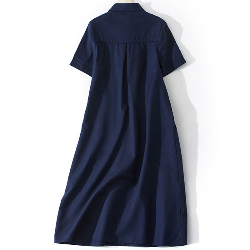 Buddha Stones Summer Retro Solid Color Button Design Short Sleeve Cotton Midi Dress With Pockets - image 17