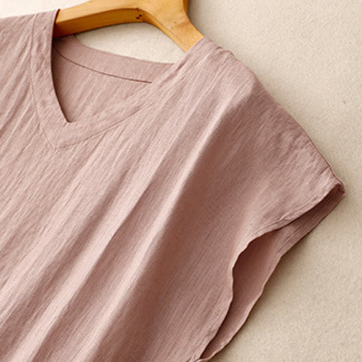 Buddha Stones Casual Artistic Solid Color Simple Design High Waist Short Sleeve Cotton Linen Midi Dress With Pockets - image 16