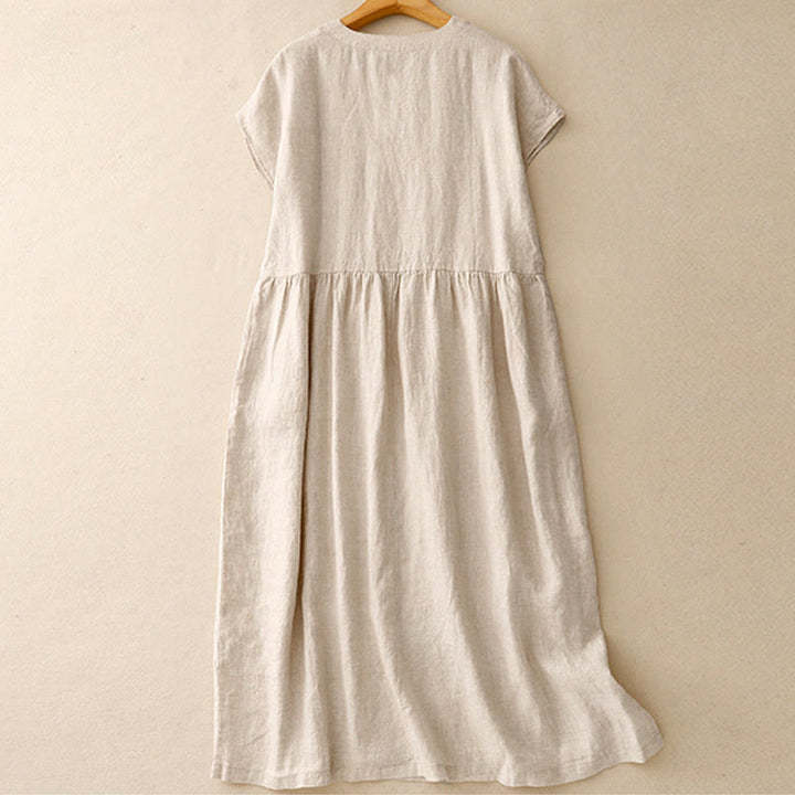 Buddha Stones Casual Artistic Solid Color Simple Design High Waist Short Sleeve Midi Dress With Pockets - image 1