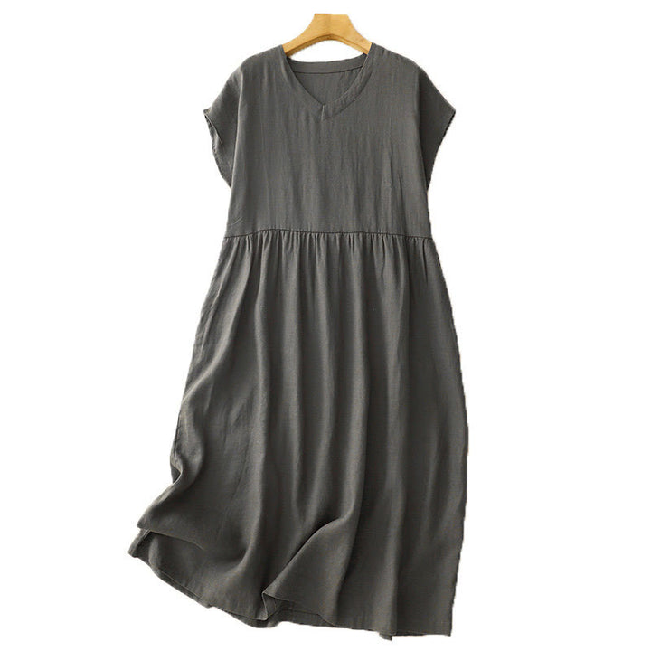 Buddha Stones Casual Artistic Solid Color Simple Design High Waist Short Sleeve Midi Dress With Pockets - image 13