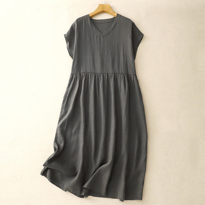 Buddha Stones Casual Artistic Solid Color Simple Design High Waist Short Sleeve Midi Dress With Pockets - SlateGray - US8-10，UK/AU12-14，EU40-42 (2XL) - image 8