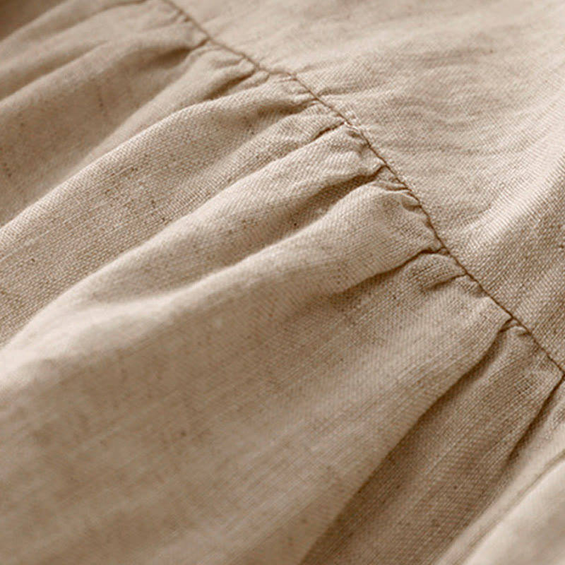 Buddha Stones Casual Artistic Solid Color Simple Design High Waist Short Sleeve Cotton Linen Midi Dress With Pockets - image 5