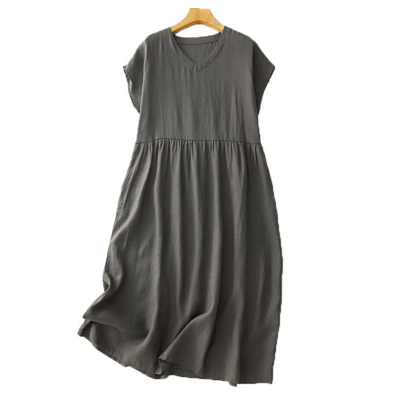 Buddha Stones Casual Artistic Solid Color Simple Design High Waist Short Sleeve Cotton Linen Midi Dress With Pockets - image 13