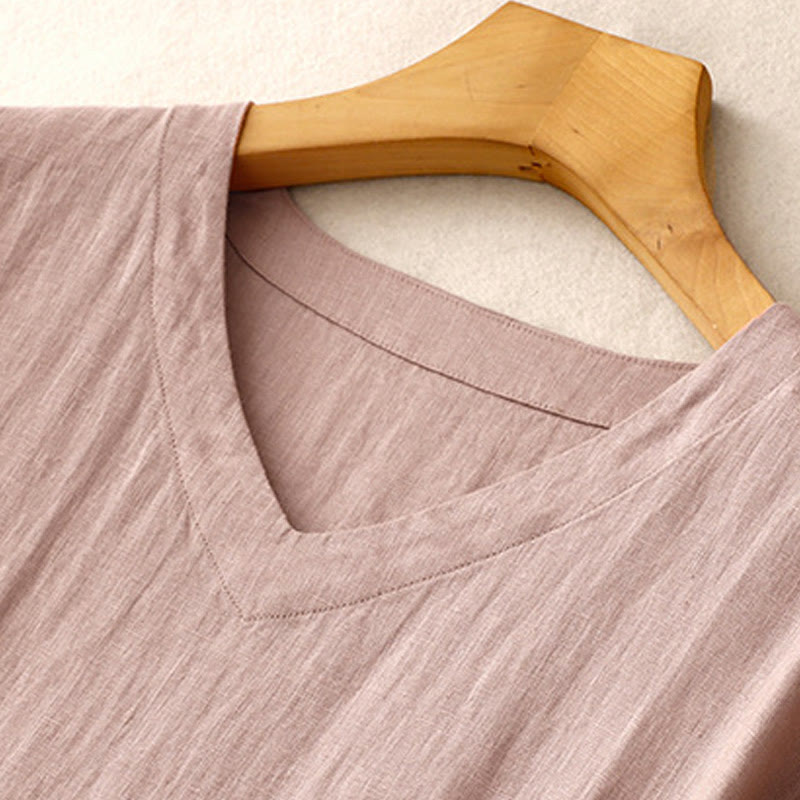 Buddha Stones Casual Artistic Solid Color Simple Design High Waist Short Sleeve Midi Dress With Pockets - image 15