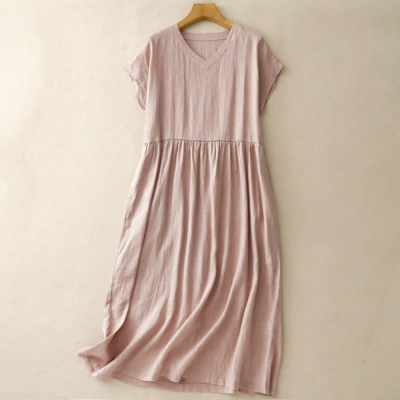 Buddha Stones Casual Artistic Solid Color Simple Design High Waist Short Sleeve Cotton Linen Midi Dress With Pockets - Pink - US8-10，UK/AU12-14，EU40-42 (2XL) - image 14