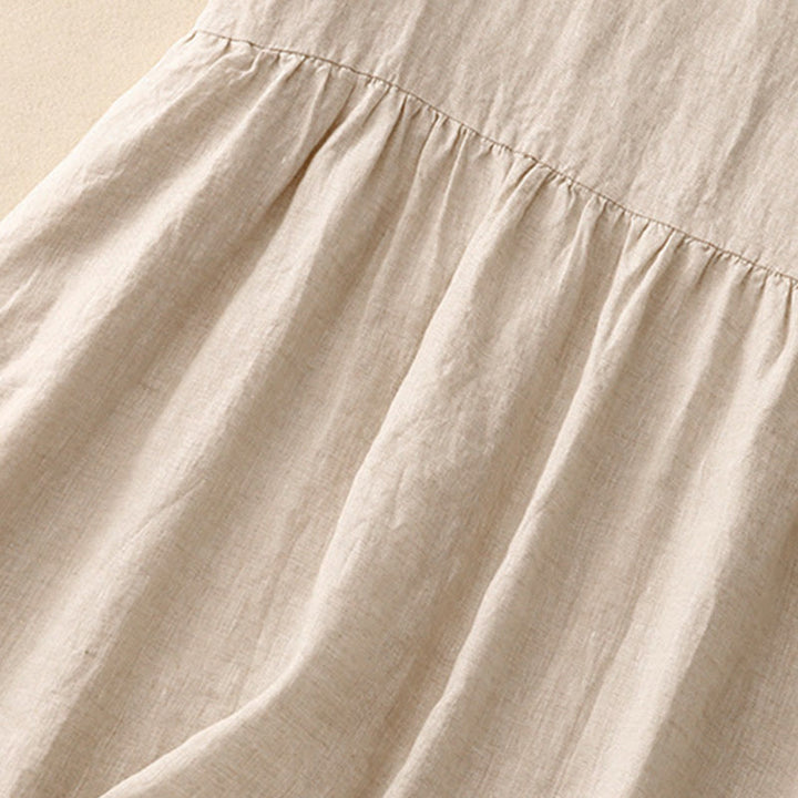 Buddha Stones Casual Artistic Solid Color Simple Design High Waist Short Sleeve Cotton Linen Midi Dress With Pockets - image 4