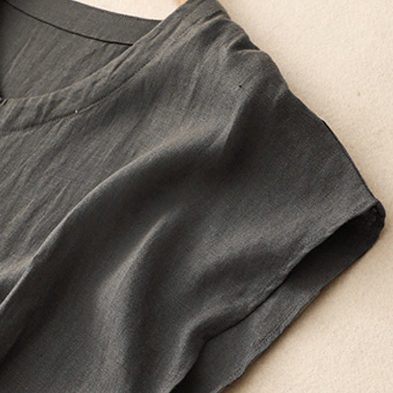 Buddha Stones Casual Artistic Solid Color Simple Design High Waist Short Sleeve Cotton Linen Midi Dress With Pockets - image 10