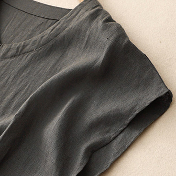 Buddha Stones Casual Artistic Solid Color Simple Design High Waist Short Sleeve Cotton Linen Midi Dress With Pockets - image 10