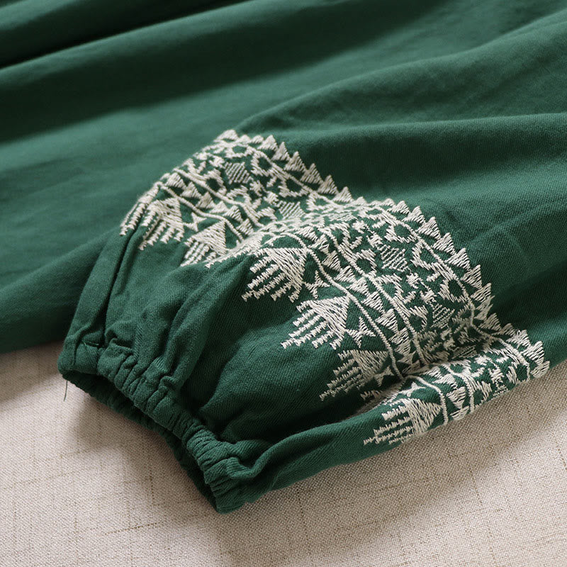 Buddha Stones Casual Artistic Geometric Embroidery Button Front Long Lantern Sleeve Cotton Linen Midi Dress - image 5