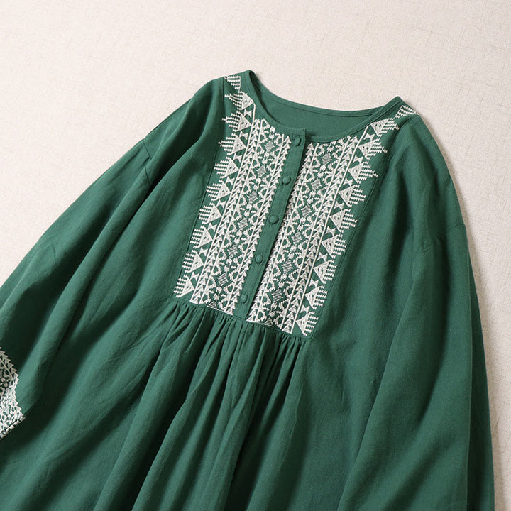 Buddha Stones Casual Artistic Geometric Embroidery Button Front Long Lantern Sleeve Midi Dress - image 1