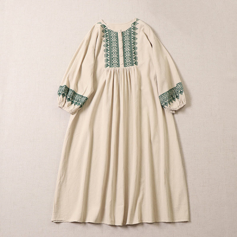 Buddha Stones Casual Artistic Geometric Embroidery Button Front Long Lantern Sleeve Midi Dress - Beige - US8-10，UK/AU12-14，EU40-42 (2XL) - image 7