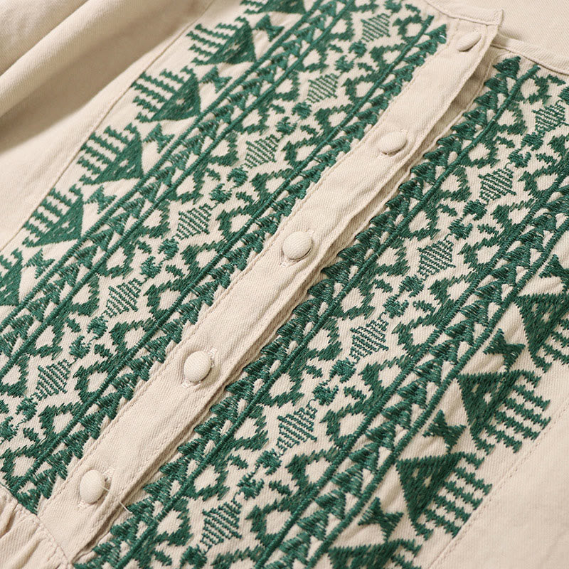 Buddha Stones Casual Artistic Geometric Embroidery Button Front Long Lantern Sleeve Cotton Linen Midi Dress - image 15