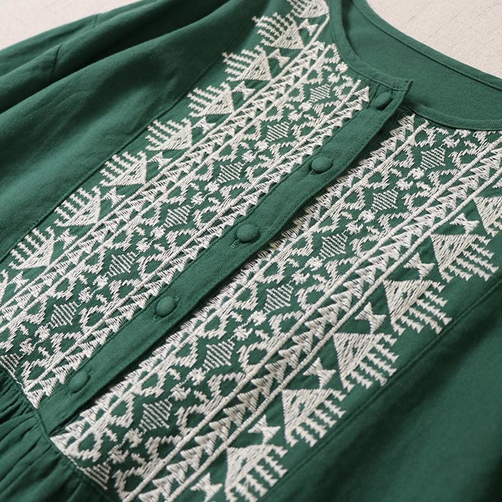 Buddha Stones Casual Artistic Geometric Embroidery Button Front Long Lantern Sleeve Cotton Linen Midi Dress - image 2