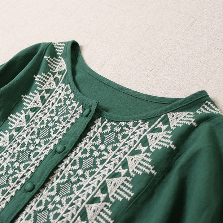 Buddha Stones Casual Artistic Geometric Embroidery Button Front Long Lantern Sleeve Cotton Linen Midi Dress - image 3