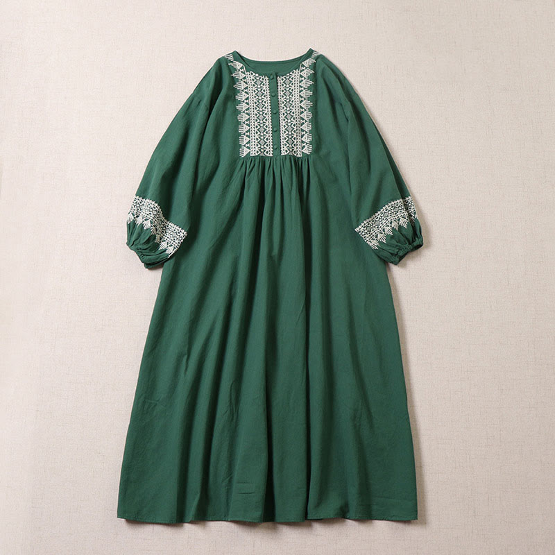 Buddha Stones Casual Artistic Geometric Embroidery Button Front Long Lantern Sleeve Cotton Linen Midi Dress - SeaGreen - US8-10，UK/AU12-14，EU40-42 (2XL) - image 0