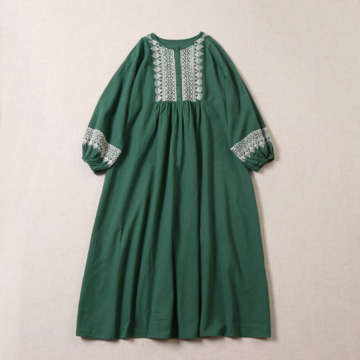 Buddha Stones Casual Artistic Geometric Embroidery Button Front Long Lantern Sleeve Cotton Linen Midi Dress - SeaGreen - US8-10，UK/AU12-14，EU40-42 (2XL) - image 0