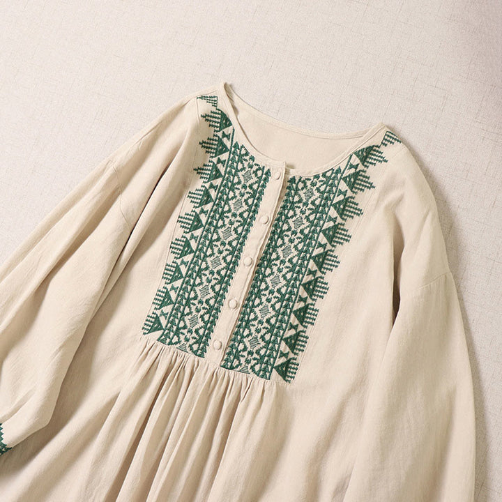 Buddha Stones Casual Artistic Geometric Embroidery Button Front Long Lantern Sleeve Cotton Linen Midi Dress - image 9