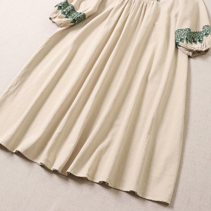 Buddha Stones Casual Artistic Geometric Embroidery Button Front Long Lantern Sleeve Cotton Linen Midi Dress - image 13