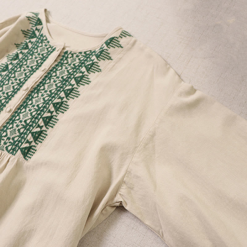 Buddha Stones Casual Artistic Geometric Embroidery Button Front Long Lantern Sleeve Midi Dress - image 11