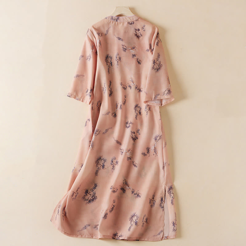 Buddha Stones Summer Vintage Printing Floral Slanted Button Stand Collar Design Half Sleeve Cotton Cheongsam Midi Dress With Pockets - image 1