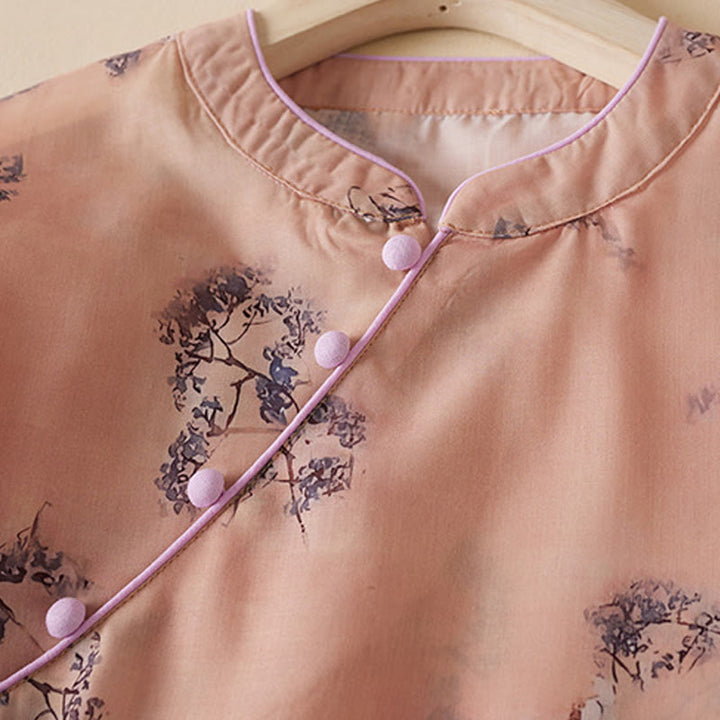Buddha Stones Summer Vintage Printing Floral Slanted Button Stand Collar Design Half Sleeve Cotton Cheongsam Midi Dress With Pockets - image 2