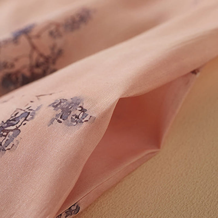 Buddha Stones Summer Vintage Printing Floral Slanted Button Stand Collar Design Half Sleeve Cotton Cheongsam Midi Dress With Pockets - image 5