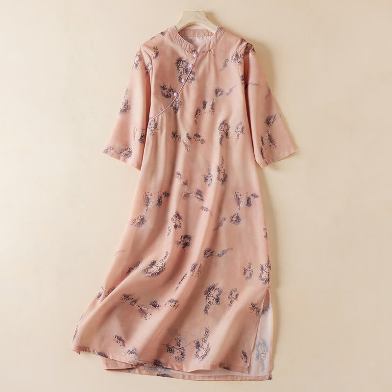 Buddha Stones Summer Vintage Printing Floral Slanted Button Stand Collar Design Half Sleeve Cotton Cheongsam Midi Dress With Pockets - DarkSalmon - US12，UK/AU16，EU44 (3XL) - image 0