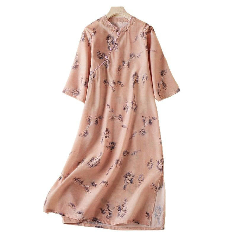 Buddha Stones Summer Vintage Printing Floral Slanted Button Stand Collar Design Half Sleeve Cotton Cheongsam Midi Dress With Pockets - image 7