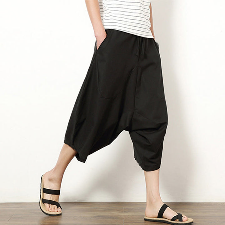 Buddha Stones Spring Plain Simple Patchwork Design Drawstring Cotton Linen Men's 7-8 Length Wide Leg Pants With Pockets - image 19