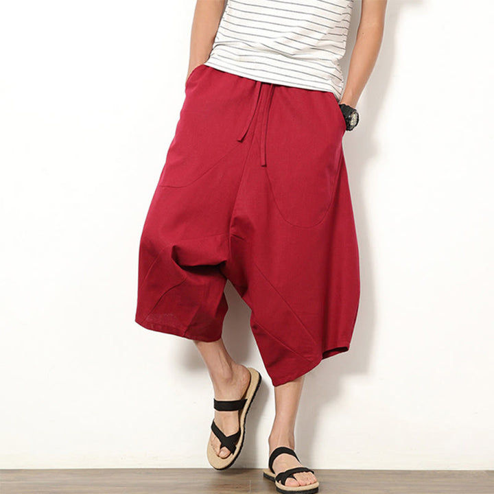 Buddha Stones Spring Plain Simple Patchwork Design Drawstring Cotton Linen Men's 7-8 Length Wide Leg Pants With Pockets - Crimson - US/UK/AU46，EU56 (5XL) - image 11