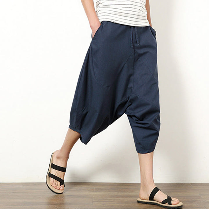 Buddha Stones Spring Plain Simple Patchwork Design Drawstring Cotton Linen Men's 7-8 Length Wide Leg Pants With Pockets - image 3