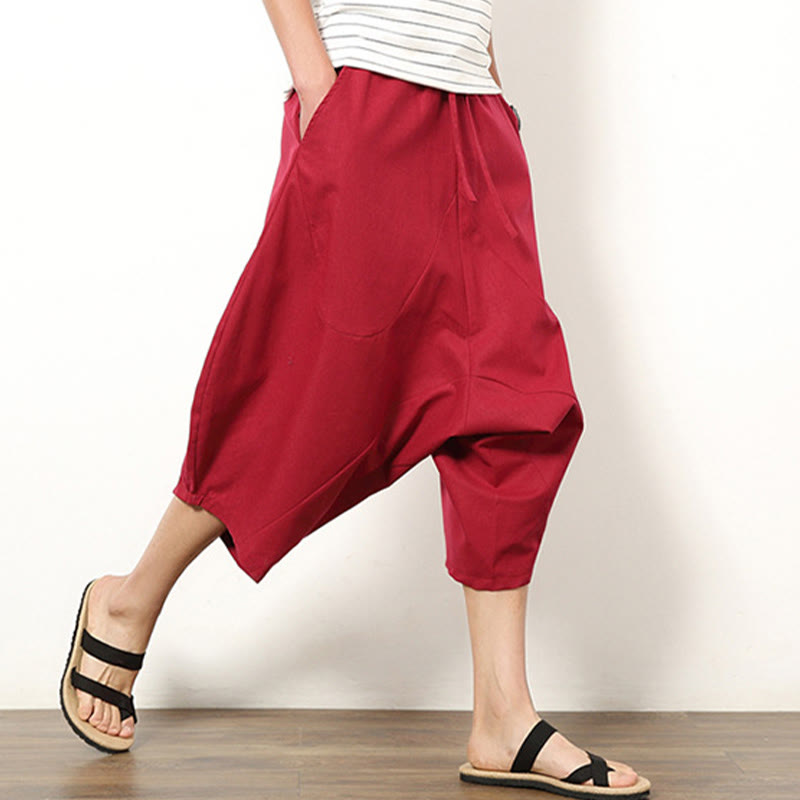 Buddha Stones Spring Plain Simple Patchwork Design Drawstring Cotton Linen Men's 7-8 Length Wide Leg Pants With Pockets - image 15