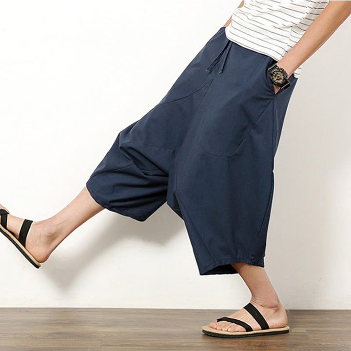 Buddha Stones Spring Plain Simple Patchwork Design Drawstring Cotton Linen Men's 7-8 Length Wide Leg Pants With Pockets - image 2