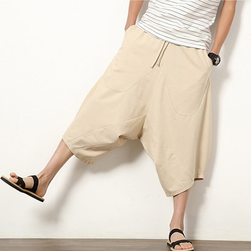 Buddha Stones Spring Plain Simple Patchwork Design Drawstring Cotton Linen Men's 7-8 Length Wide Leg Pants With Pockets - image 8