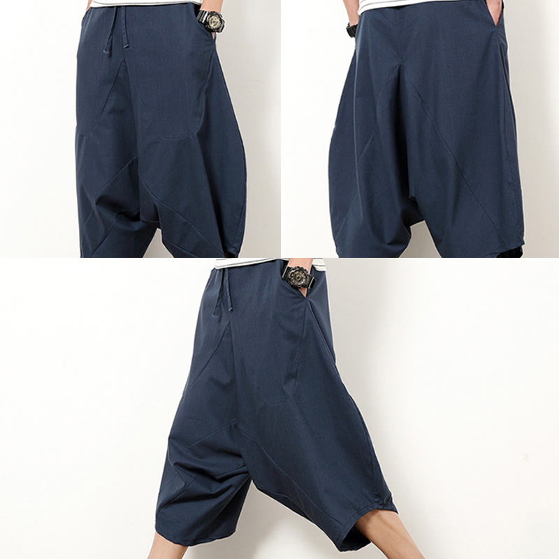 Buddha Stones Spring Plain Simple Patchwork Design Drawstring Cotton Linen Men's 7-8 Length Wide Leg Pants With Pockets - image 5