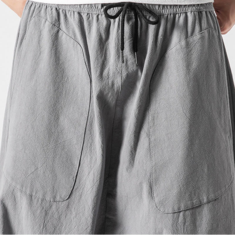 Buddha Stones Casual Low Crotch Design Drawstring Men's 7-8 Length Cotton Linen Wide Leg Pants With Pockets - image 26