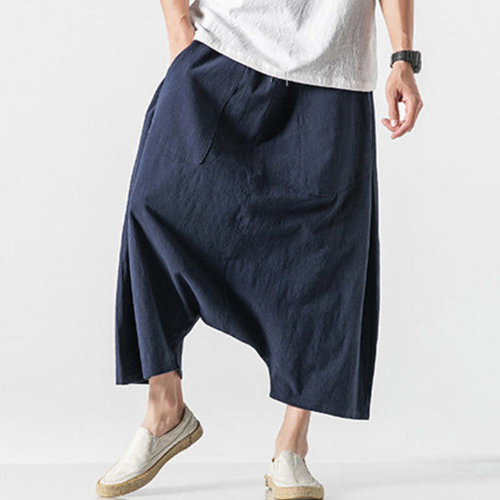 Buddha Stones Casual Low Crotch Design Drawstring Men's 7-8 Length Cotton Linen Wide Leg Pants With Pockets - image 7