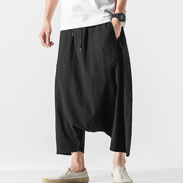 Buddha Stones Casual Low Crotch Design Drawstring Men's 7-8 Length Cotton Linen Wide Leg Pants With Pockets - image 33