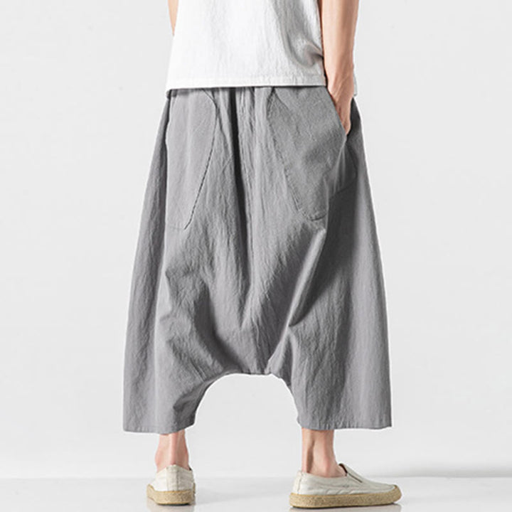 Buddha Stones Casual Low Crotch Design Drawstring Men's 7-8 Length Cotton Linen Wide Leg Pants With Pockets - image 24