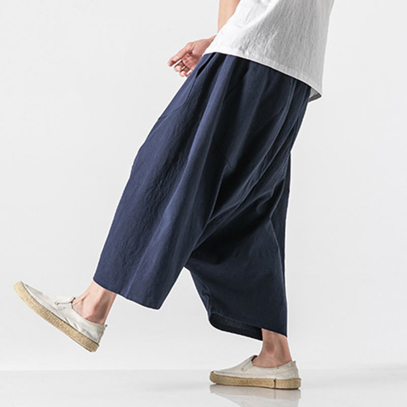 Buddha Stones Casual Low Crotch Design Drawstring Men's 7-8 Length Cotton Linen Wide Leg Pants With Pockets - DarkSlateBlue - US/UK/AU46，EU56 (5XL) - image 0