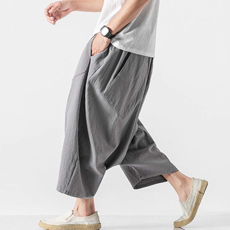 Buddha Stones Casual Low Crotch Design Drawstring Men's 7-8 Length Cotton Linen Wide Leg Pants With Pockets - image 21