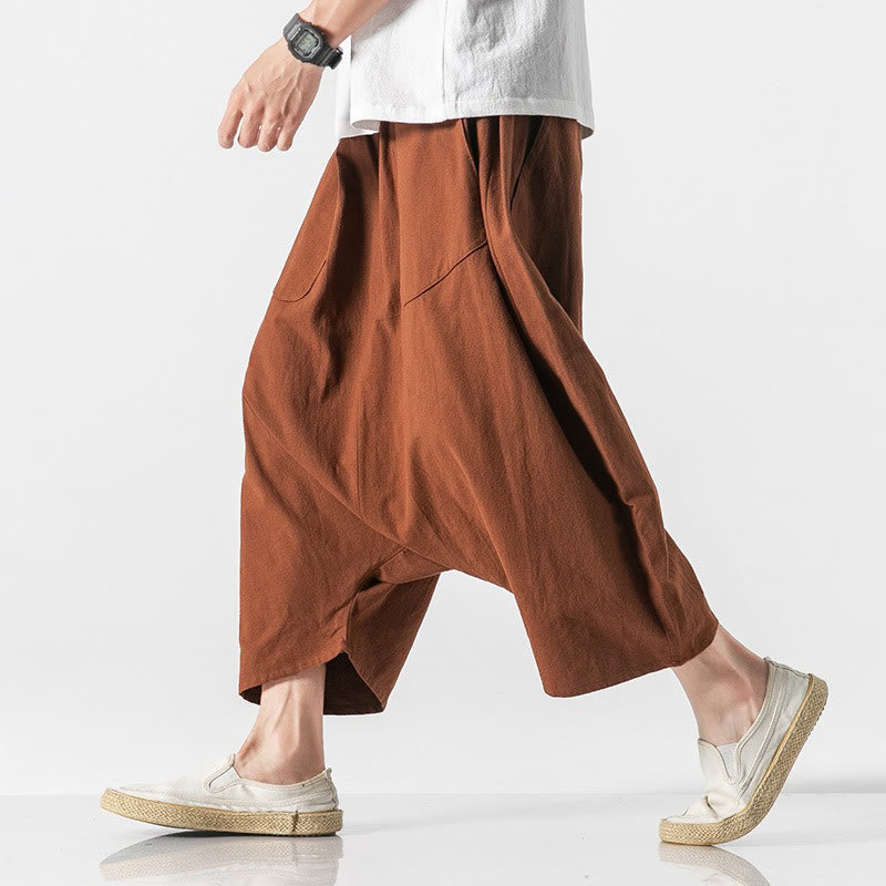Buddha Stones Casual Low Crotch Design Drawstring Men's 7-8 Length Cotton Linen Wide Leg Pants With Pockets - image 14