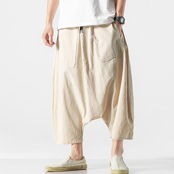 Buddha Stones Casual Low Crotch Design Drawstring Men's 7-8 Length Wide Leg Pants With Pockets - image 37