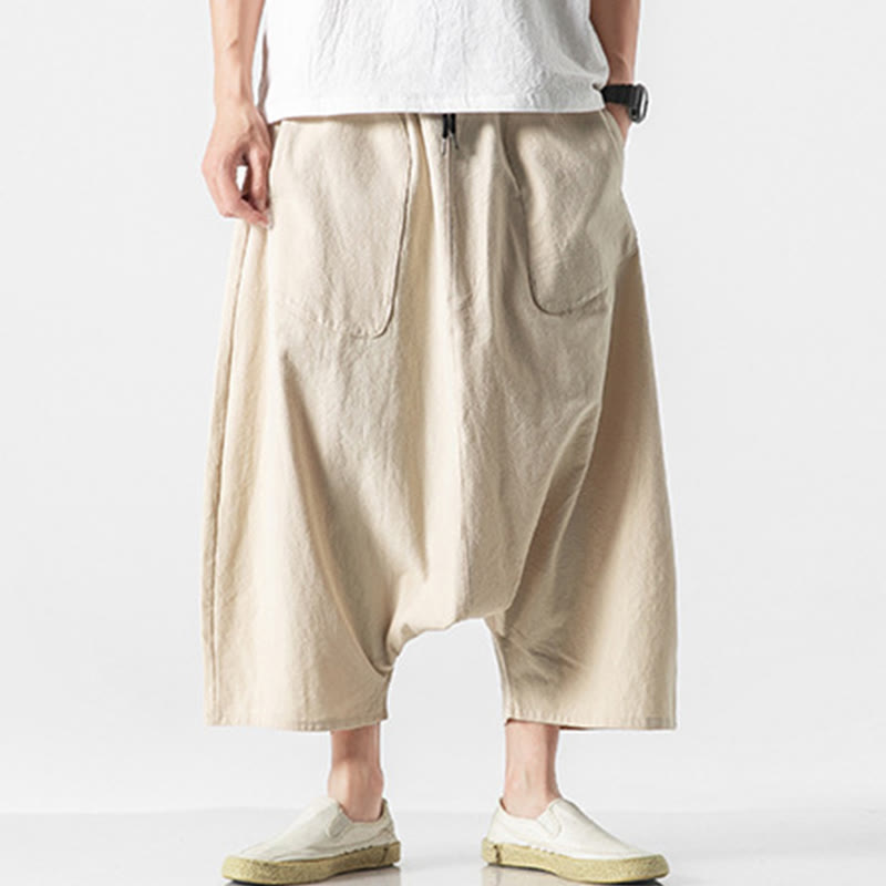 Buddha Stones Casual Low Crotch Design Drawstring Men's 7-8 Length Cotton Linen Wide Leg Pants With Pockets - Beige - US/UK/AU46，EU56 (5XL) - image 36