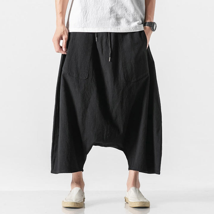 Buddha Stones Casual Low Crotch Design Drawstring Men's 7-8 Length Cotton Linen Wide Leg Pants With Pockets - Black - US/UK/AU46，EU56 (5XL) - image 29