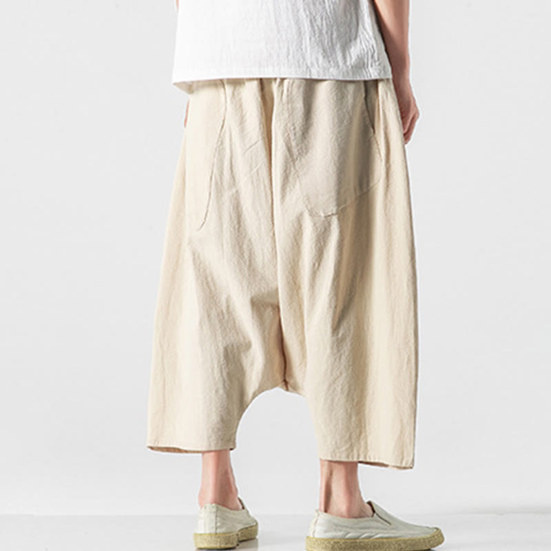 Buddha Stones Casual Low Crotch Design Drawstring Men's 7-8 Length Cotton Linen Wide Leg Pants With Pockets - image 39
