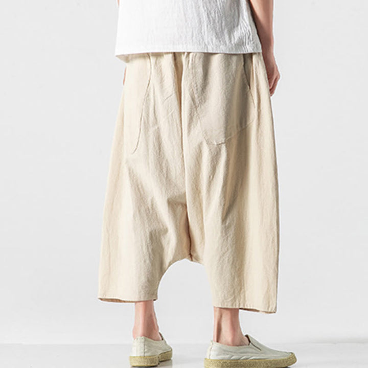Buddha Stones Casual Low Crotch Design Drawstring Men's 7-8 Length Cotton Linen Wide Leg Pants With Pockets - image 39