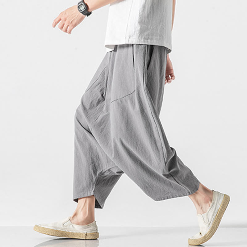 Buddha Stones Casual Low Crotch Design Drawstring Men's 7-8 Length Cotton Linen Wide Leg Pants With Pockets - image 23