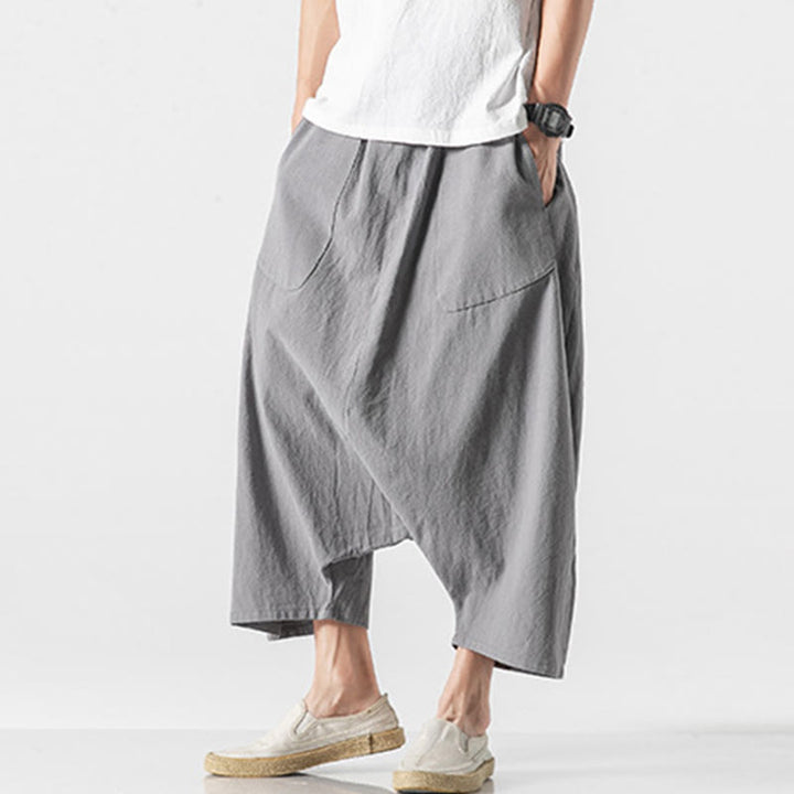 Buddha Stones Casual Low Crotch Design Drawstring Men's 7-8 Length Cotton Linen Wide Leg Pants With Pockets - image 20