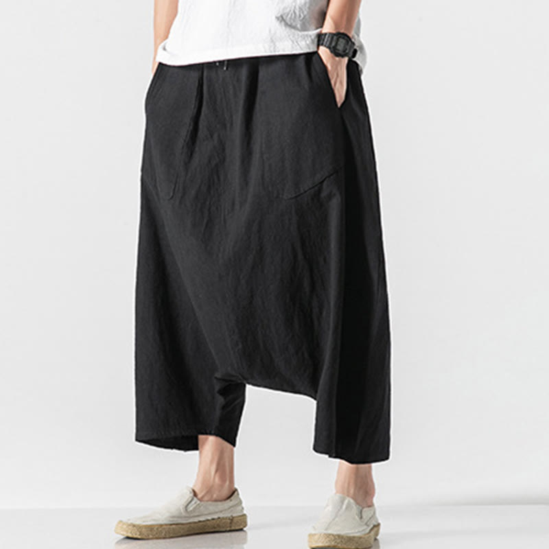 Buddha Stones Casual Low Crotch Design Drawstring Men's 7-8 Length Cotton Linen Wide Leg Pants With Pockets - image 30